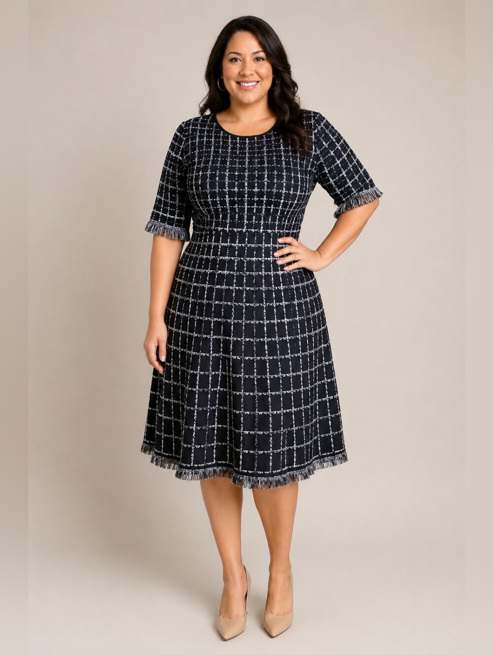 Taylor Plaid Windowpane Fringe Fit & Flare Sweater Dress Black/Cream Size 1X